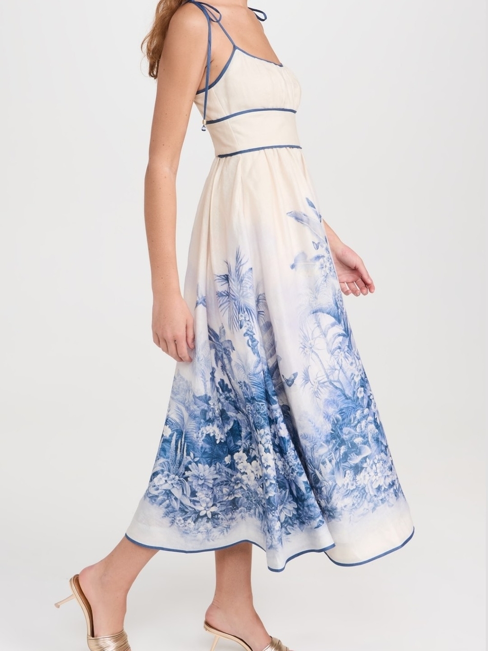 Ivory and Blue Midi Dress with Adjustable Straps - Picture 3 of 7